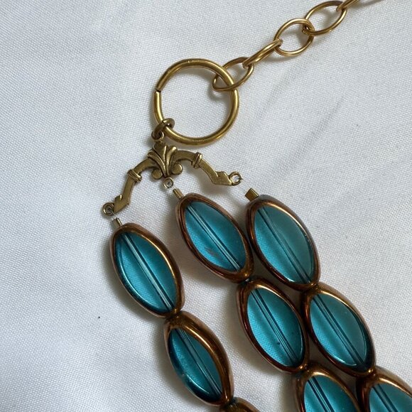 💙 Teal Blue Beaded Statement Necklace 3-Strand Gold Hardware - Picture 5 of 8